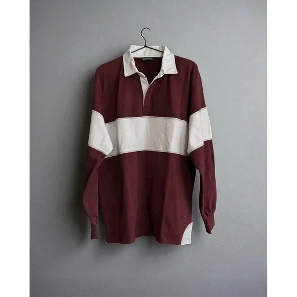 Orvis Rugby Shirt Men's Large Maroon White Striped Long Sleeve Cotton Polo - Picture 2 of 3